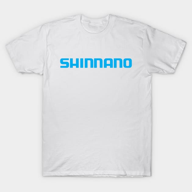 Fake Counterfeit Funny Shimano Logo T-Shirt by Theokotos